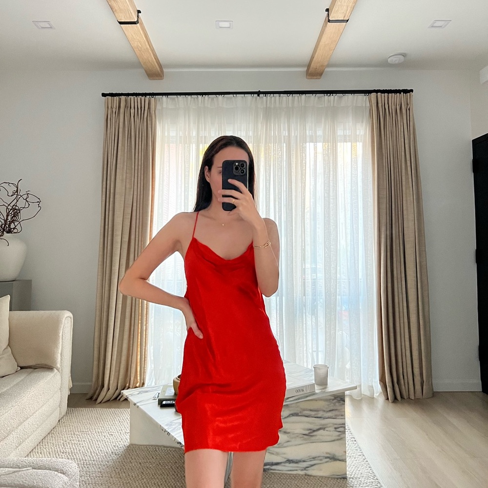 Zara Red Orange Satin Criss Cross Back Dress